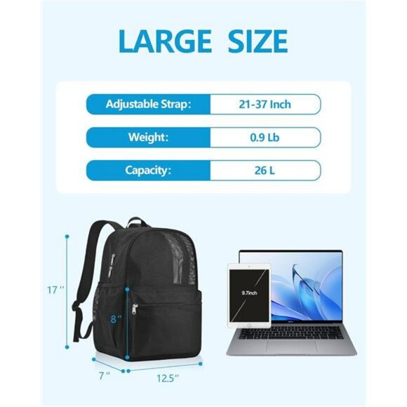 Lightweight Mesh Backpack See Through School College Travel Beach Sports Bag - Picture 3 of 7